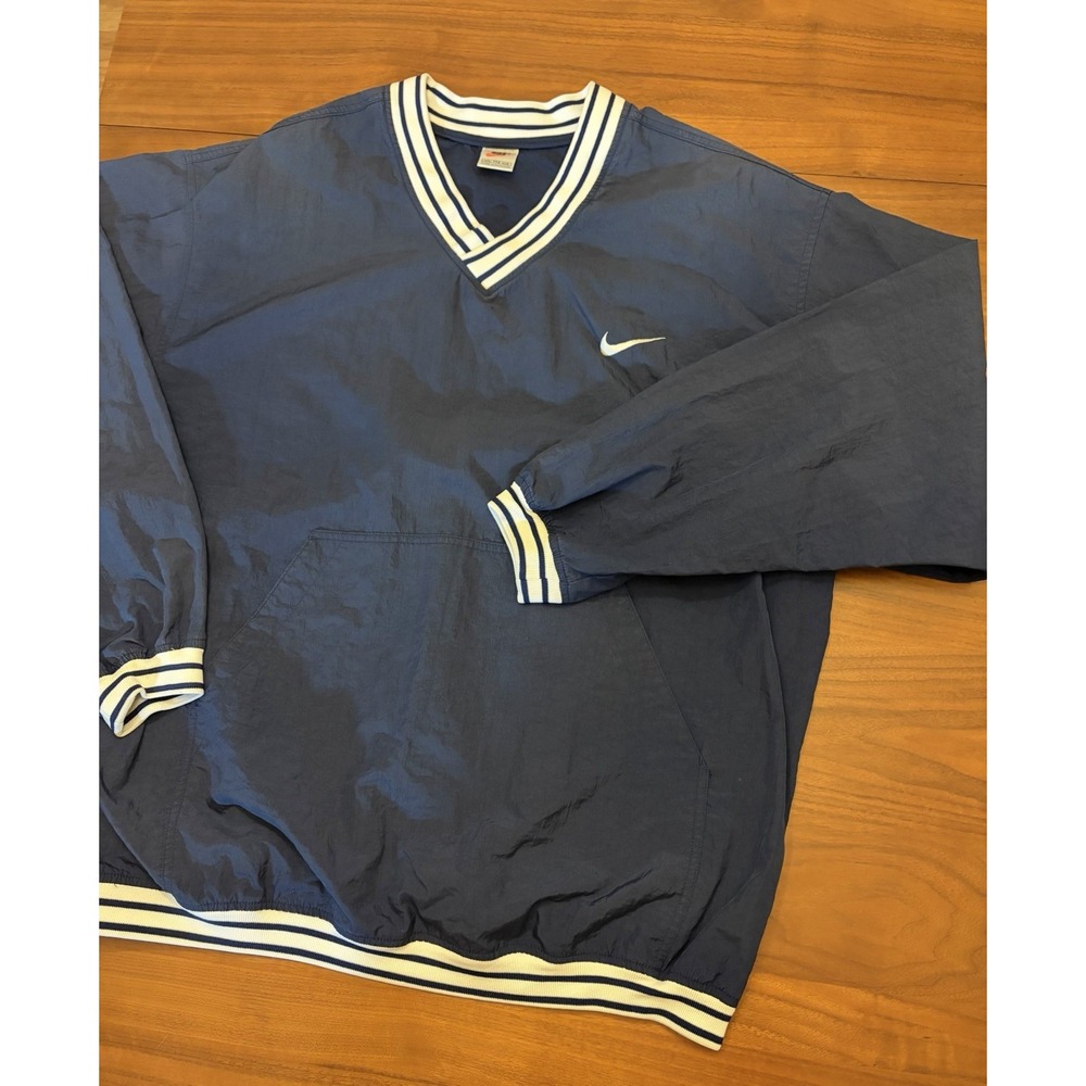 Vintage Nike Pullover Jacket Mens 2XL Blue V-Neck Windbreaker 90s Striped Trim